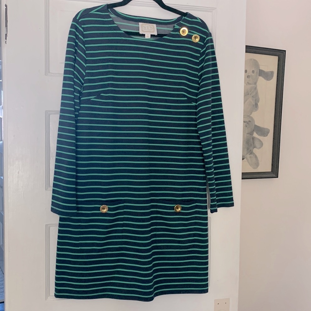 Classic Sail to Sable Navy & Green Long Sleeve Tunic Dress Sz M Preppy Buttons